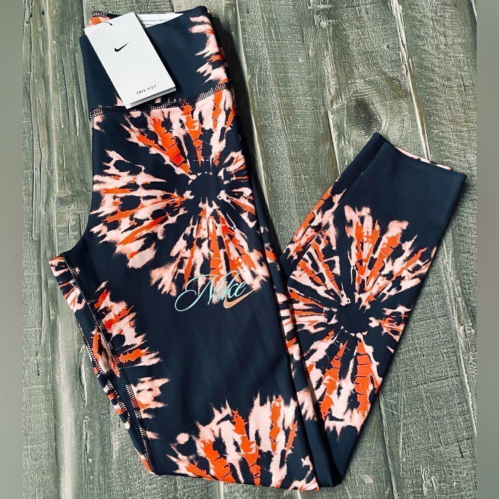 Nike One Luxe Dri-Fit Black Coral Orange Sunburst 7/8 Leggings XS